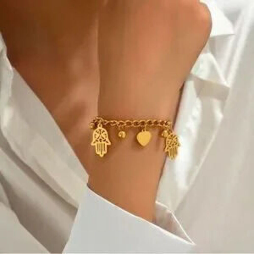 Gold Stainless Steel Hamsa Hand Heart Charm Bracelet